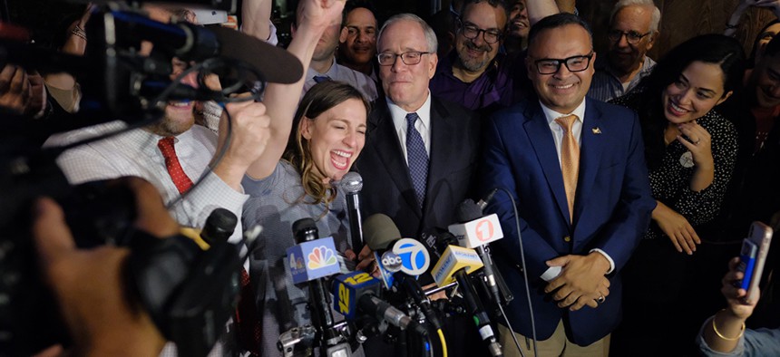 Alessandra Biaggi celebrates her victory in the state primary over incumbent and IDC leader Jeff Klein.