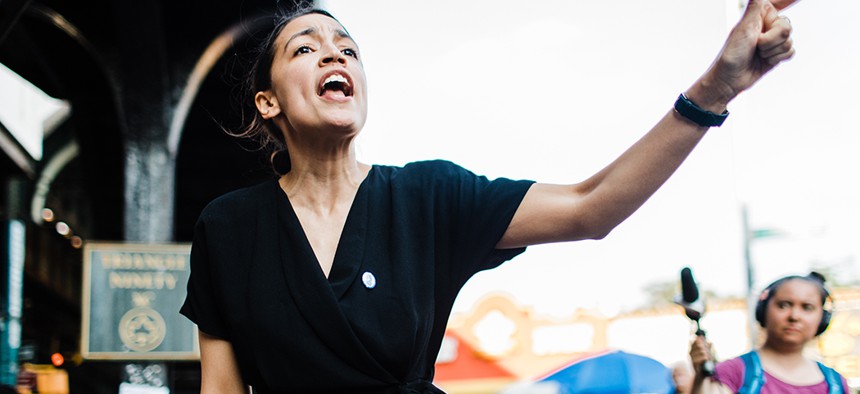 Alexandria Ocasio-Cortez campaigning in May