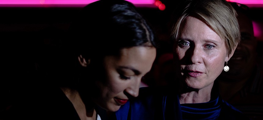 New York gubernatorial candidate Cynthia Nixon visits Alexandria Ocasio-Cortez during her primary victory party in the Bronx.