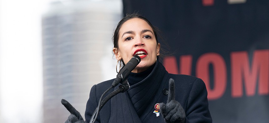 Rep. Alexandria Ocasio-Cortez speaks during the Women's Unity Rally at Foley Square in Manhattan.