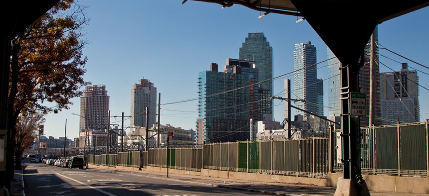 A view of the Long Island City skyline development - the future home of Amazon HQ2 - from under the Queens Boulevard train tracks.