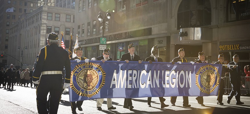 Veterans from the American Legion march in the 2016 Americas Parade up 5th Avenue in Manhattan.