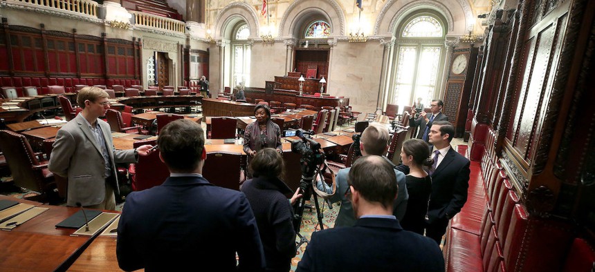 Senate Majority Leader Andrea Stewart-Cousins speaks to the press following session on March 18th.