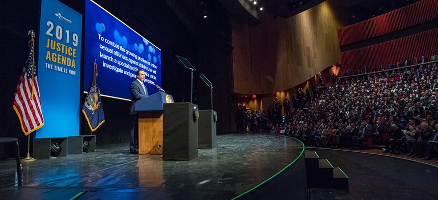 Gov. Andrew Cuomo addresses the crowd while unveiling his proposed 2019-20 executive budget.