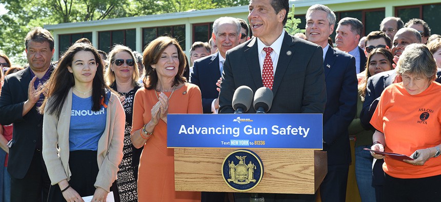 New York Governor Andrew Cuomo during the "school bus tour" to advocate for the passage of the "red flag" law.