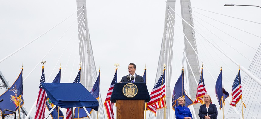Gov. Andrew Cuomo ceremoniously unveils the second span of the Governor Mario M. Cuomo bridge.