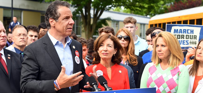 Gov. Andrew Cuomo speaks in Plainview as part of his statewide bus tour to advance the "red flag" gun protection bill.