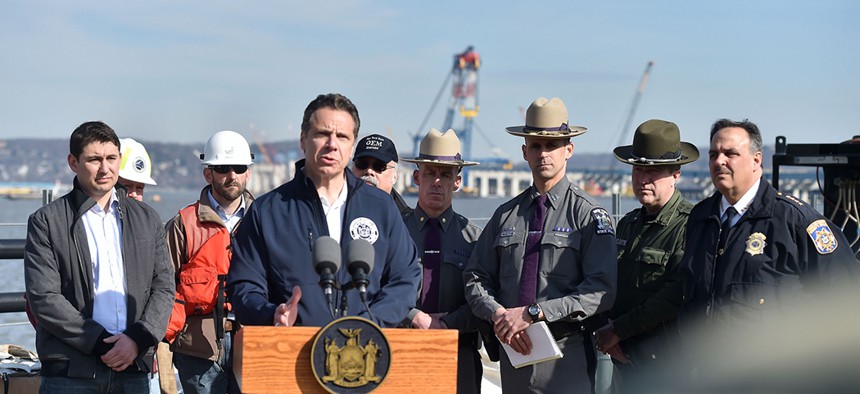 Gov. Andrew Cuomo addresses the media after a tugboat rammed a fuel terminal pier near Bayonne, N.J., causing an oil spill into the Upper Bay of New York Harbor in 2016.