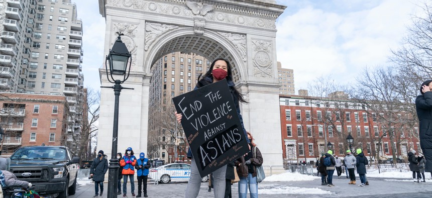 A rally in Washington Square Park on Feb. 20 2021.
