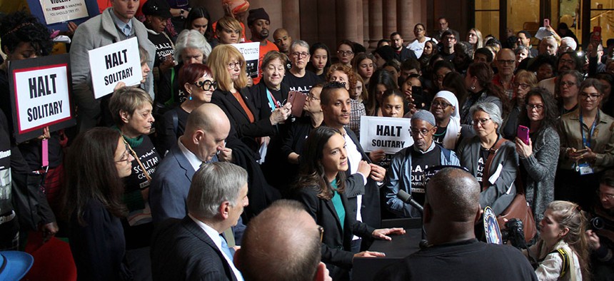 State Sen. Julia Salazar speaks during a criminal justice rally at the state house.