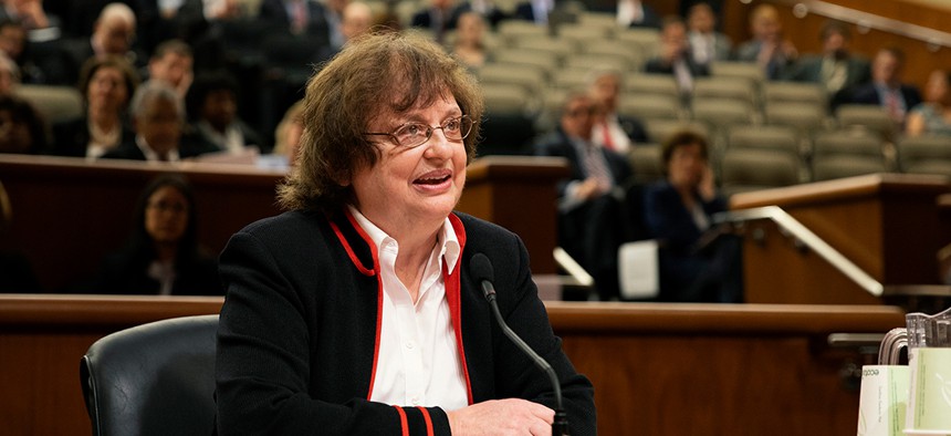 Acting New York state Attorney General Barbara Underwood speaks to legislative leaders after former Attorney General Eric Schneiderman resigned.