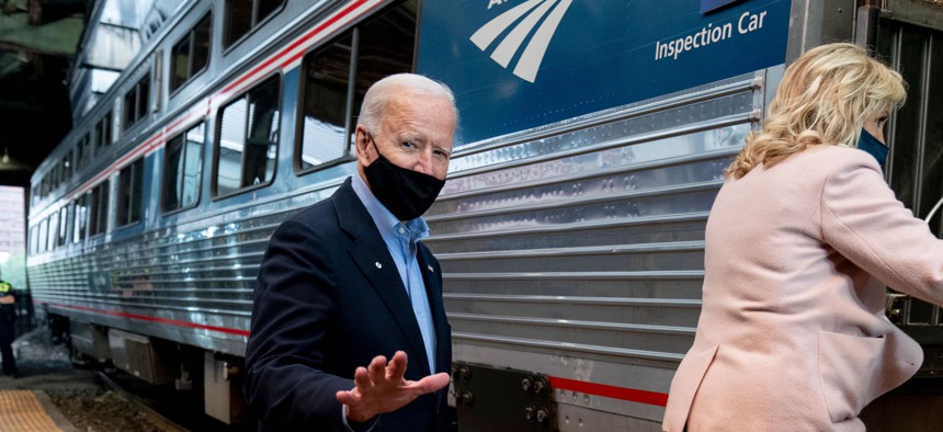 Joe Biden riding Amtrak on the campaign trail in September 2020.