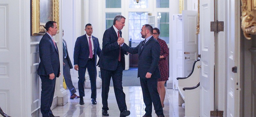 New York City Mayor Bill de Blasio and City Council Speaker Corey Johnson before the budget announcement at City Hall.