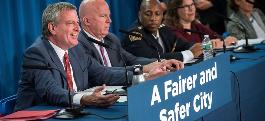 New York City Mayor Bill de Blasio and Police Commissioner James P. O’Neill announce a new policy to reduce unnecessary marijuana arrests.