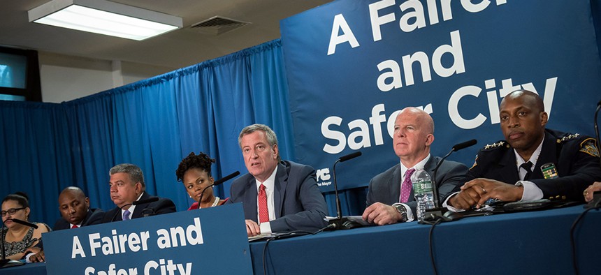 New York City Mayor Bill de Blasio and Police Commissioner James O’Neill announce a new policy to reduce unnecessary marijuana arrests.