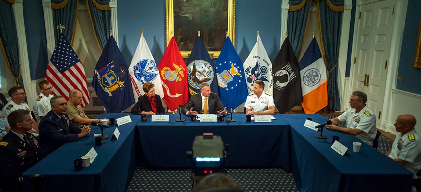 New York City Mayor Bill de Blasio hosts a roundtable with senior military officers.