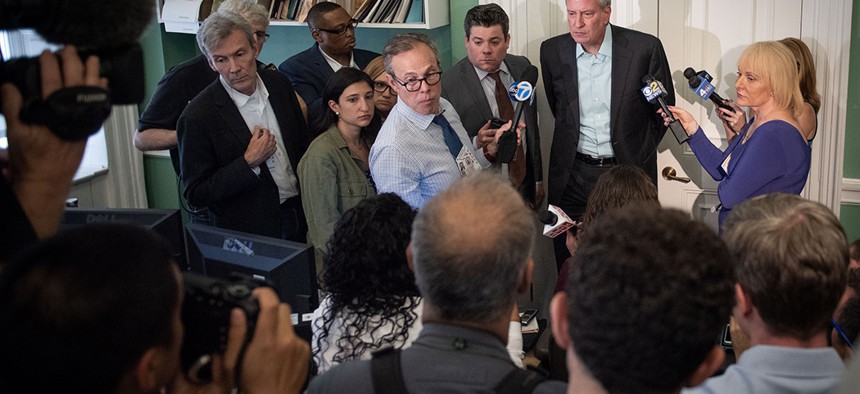 New York City Mayor Bill de Blasio holds a press gaggle in Room 9 at City Hall after the release of e-mails showing the mayor being critical of the press. 
