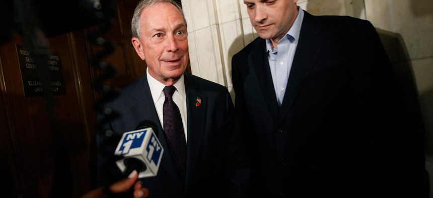 New York City Mayor Michael Bloomberg and Deputy Mayor Howard Wolfson leaving a closed door Republican conference on gay marriage, in 2011.