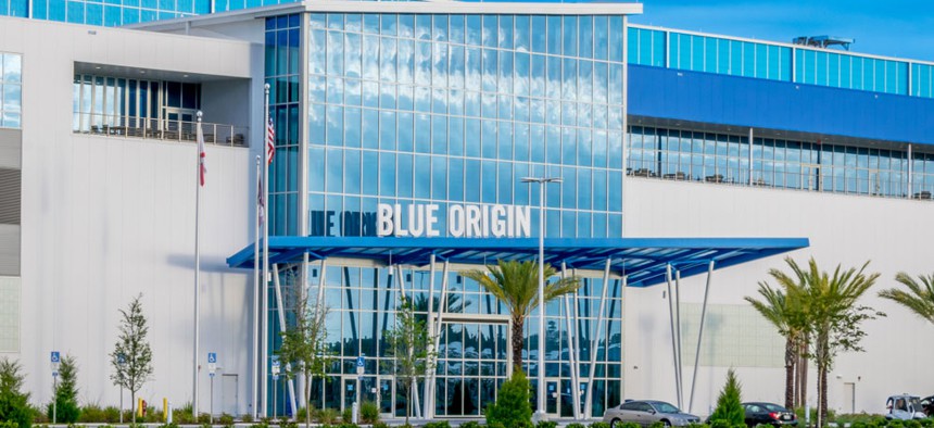 The Blue Origin launch vehicle production facility, founded by Jeff Bezos, is located near the entrance to the Kennedy Space Center Visitor Complex in Florida.
