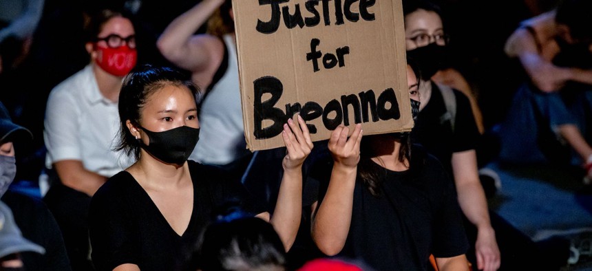 Protestors on the Brooklyn Bridge after the conclusion of Breonna Taylor's trial that ended without convictions for the officers involved.