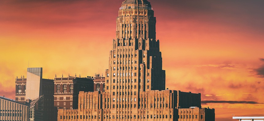 Buffalo City Hall at sunset.