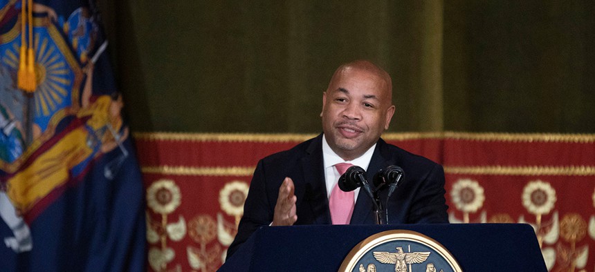 Assembly Speaker Carl Heastie speaks during a ceremony commemorating the signing of Reproductive Health Act legislation.