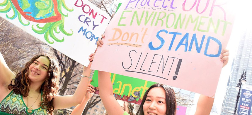 Students protesting during the New York City march for action on climate change in March.