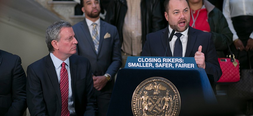 New York City Council Speaker Corey Johnson and Mayor Bill de Blasio announce the closing of Rikers Island.