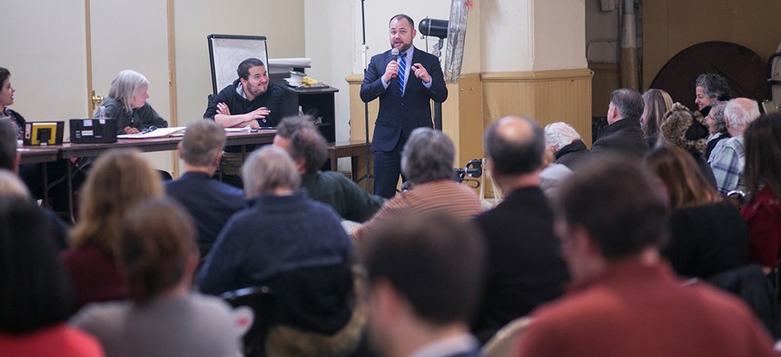 New York City Council Speaker Corey Johnson speaks at a Community Board 2 monthly meeting.