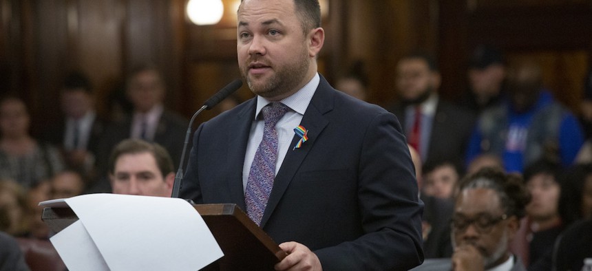 New York City Council Speaker Corey Johnson delivering a passionate speech at City Hall in favor of closing the Rikers Island jail complex.
