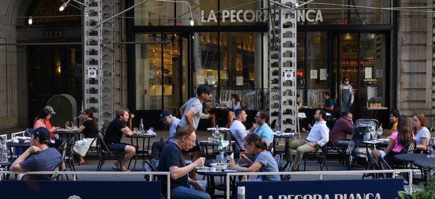 Crowded outdoor seating at La Pecora Biance in New York City on June 24, 2020.