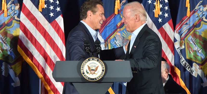 Gov. Andrew Cuomo and Vice President Joe Biden embrace during a press conference in 2015.