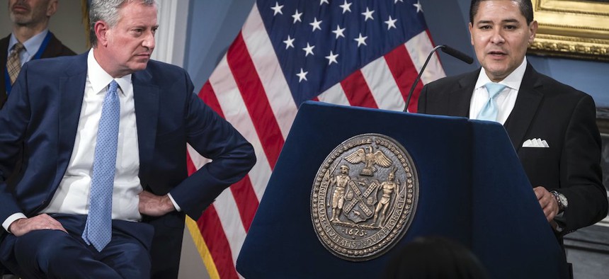 Mayor Bill de Blasio and New York City Schools Chancellor Richard Carranza on Monday, March 16.