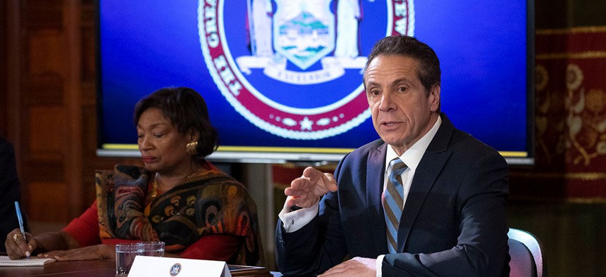 Governor Cuomo and state Senate Majority Leader Andrea Stewart-Cousins at the Coronavirus legislation signing on March 3rd.