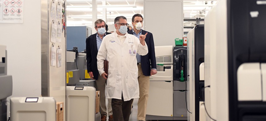 Governor Cuomo tours the Northwell Health Core Lab before announcing statewide antibody testing survey.