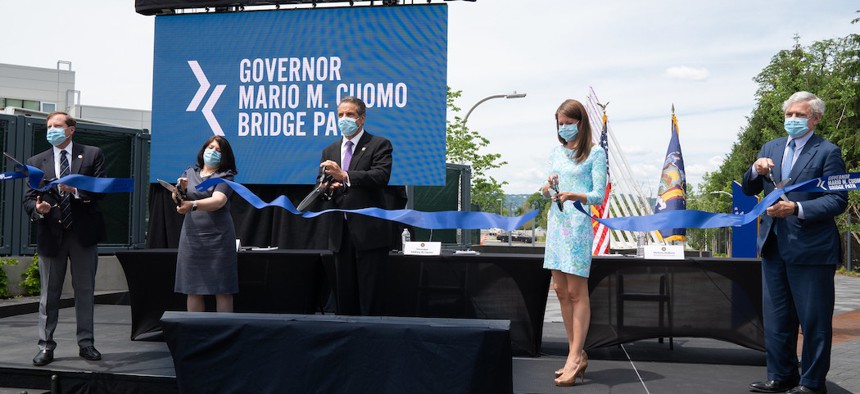 Governor Andrew Cuomo holds daily briefing and opens the Mario M. Cuomo Bridge Path on the Mario M. Cuomo Bridge on June 15, 2020.