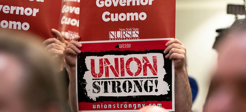 Union supporters during Gov. Andrew Cuomo's remarks at a New York State Nurses Association rally in Albany.