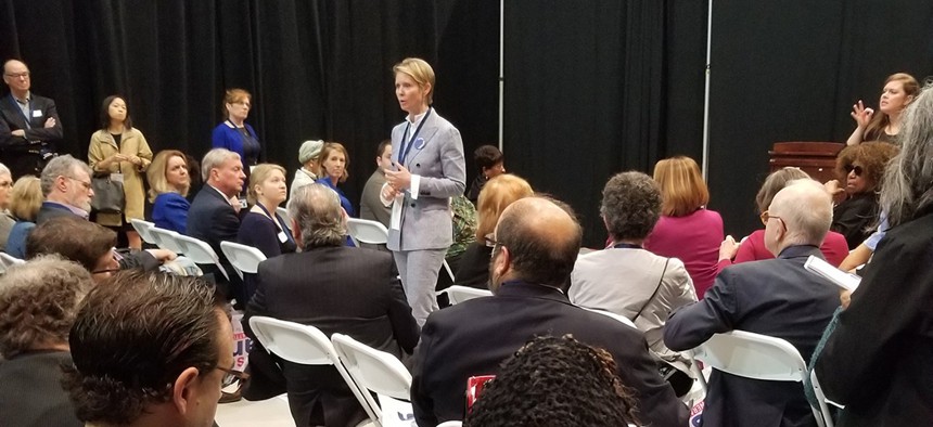 New York gubernatorial candidate Cynthia Nixon addresses the Progressive Caucus during the state Democratic convention.