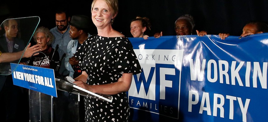 Gubernatorial candidate Cynthia Nixon delivers her concession speech at the Working Families Party primary night party in New York City.