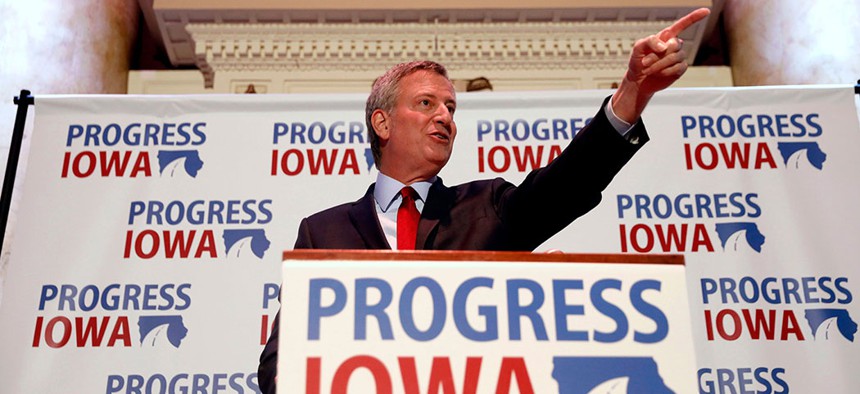 New York City Mayor Bill de Blasio speaks during an event in Des Moines, Iowa.