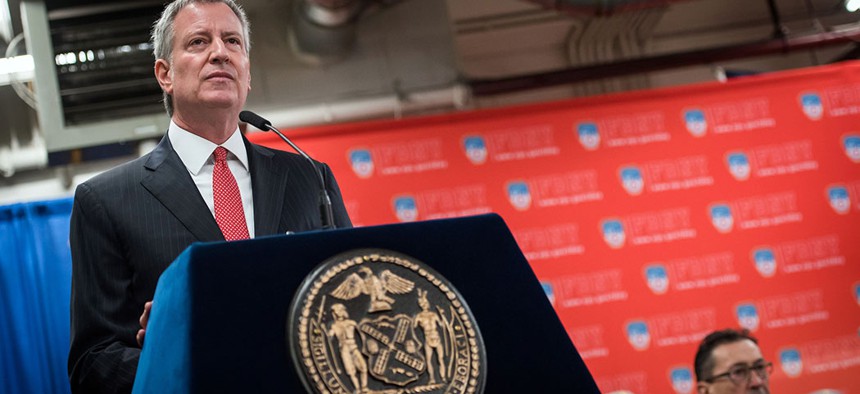 Mayor Bill de Blasio delivers remarks at a plaque dedication ceremony for fallen firefighter Lieutenant Michael Davidson.