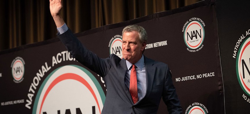 New York City Mayor Bill de Blasio delivers remarks at Rev. Al Sharpton's Nation Action Network.