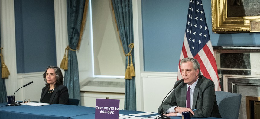 Health Commissioner Oxiris Barbot and Mayor de Blasio on April 5, 2020.