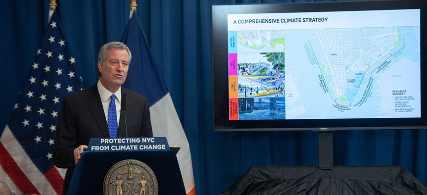New York City Mayor Bill de Blasio announces $500 million resiliency plan to protect Lower Manhattan from climate change.