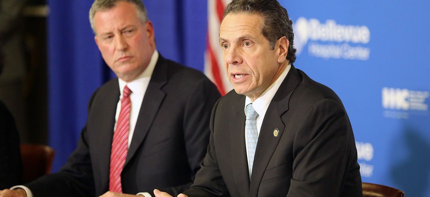 Gov. Andrew Cuomo joined New York City Mayor Bill de Blasio in a press conference on October 23, 2014 to discuss the 33-year-old New York City doctor who had recently contracted the Ebola virus while working in Africa.