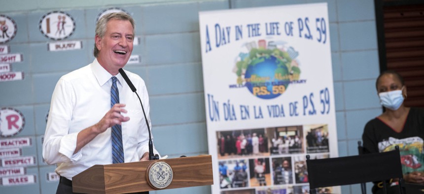 Mayor de Blasio at P.S. 59 on September 2, 2020.