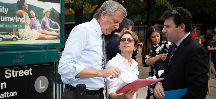 New York City Department of Transportation Commissioner Polly Trottenberg and Mayor de Blasio in 2018.