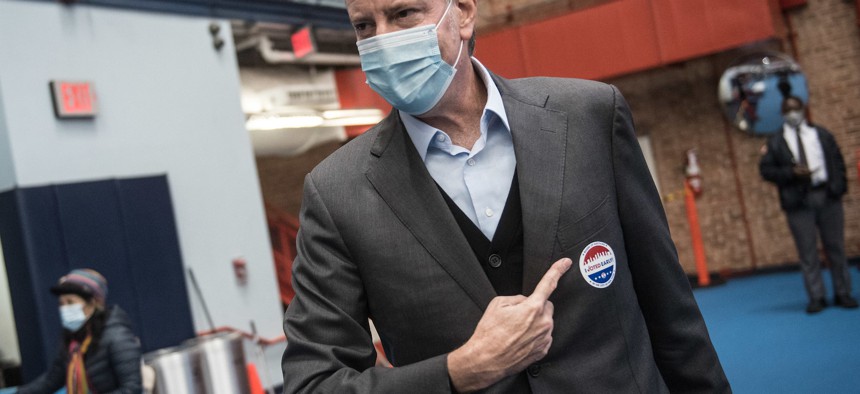 New York City Mayor Bill de Blasio after voting in the 2020 general election.