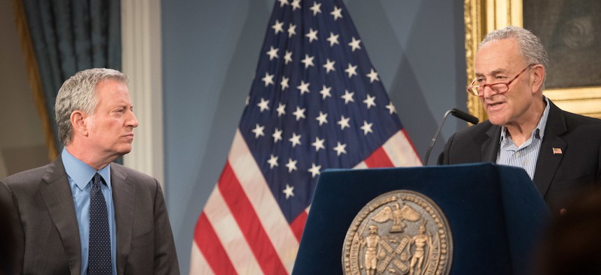 Mayor de Blasio and Senator Chuck Schumer at a COVID-19 preparedness press conference on March 14th.