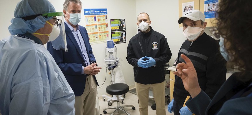 Mayor Bill de Blasio visits the newly-opened COVID-19 testing site at the Ida G. Israel Community Health Center on May 2, 2020.